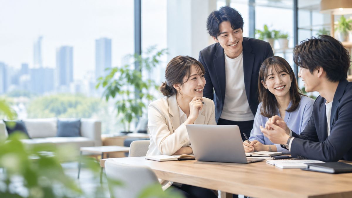 オフィスでノートパソコンを囲み、笑顔で打ち合わせをする4人の社会人